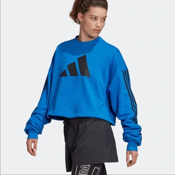 Adidas Oversized Crop sweater cinch waist Blue M - Picture 2 of 14
